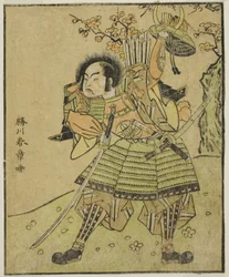 Skuespilleren Ichimura Uzaemon IX som Kajiwara Genta no Kagetoki (?), i skuespillet Myoto-giku Izu no Kisewata, opført på Nakamura Theatre i den ellevte måned, 1770