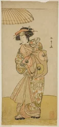 Skuespilleren Ikushima Daikichi III som kurtisanen Naniwazu i skuespillet Saki Masuya Ume no Kachidoki, opført på Ichimura Theatre i den ellevte måned, 1777