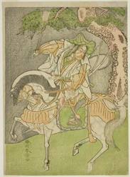Skuespilleren Matsumoto Koshiro II som Kagekiyo forklædt som Omi Yawatanosuke i skuespillet Haru wa Soga Akebono-zoshi, opført på Nakamura Theatre i den første måned, 1772