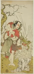 Skuespilleren Nakamura Juzo II som Yushichi (?) i skuespillet Keisei Momiji no Uchikake (?), opført på Morita Theatre (?) i den syvende måned, 1772 (?)