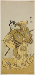 Skuespilleren Nakamura Nakazo I som Kudo Sukestune (?) i skuespillet Kokimazete Takao Soga (?), opført på Ichimura Theatre (?) i anden måned, 1778