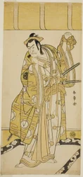 Skuespilleren Nakamura Nakazo I som Nagao Terutora i skuespillet Kuruma-gakari Tekuda no Gumbai, opført på Ichimura Theatre i den ellevte måned,