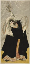 Skuespilleren Nakamura Nakazo I som tordenguden, en inkarnation af Kan Shojo, i stykket Sugawara Denju Tenarai Kagami, opført på Morita-teatret i den tredje måned 1780