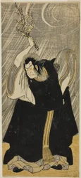 Skuespilleren Nakamura Nakazō I som tordenguden, en inkarnation af Kan Shōjō, i stykket „Sugawara Denju Tenarai Kagami“, opført på Morita-teatret i den tredje måned 1780
