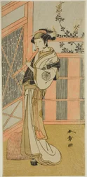 Skuespilleren Nakamura Noshio I som Misao forklædt som en Komuso i skuespillet Kosode-gura no Tekubari, opført på Morita Theatre i den anden måned, 1772 (?)