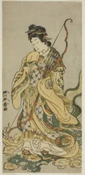 Skuespilleren Nakamura Noshio I som Goddes Benzaiten af Enoshima i skuespillet Onno Aruji Hatsuyuki no Sekai, opført på Morita Theatre i den ellevte måned, ca. 1773 (farvet træbloktryk; hosoban)