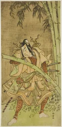 Skuespilleren Nakamura Tomijuro I som Takenuki Goro i skuespillet Eho Soga Nen-nen-goyomi, opført på Morita Theatre i den første måned, 1771