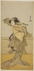 Skuespilleren Nakamura Tomijuro I som en hunræv fra Ubagadake-bjerget i skuespillet Chigo Torii Tobiiri Kitsune, opført på Ichimura Theatre i den ellevte måned, 1777