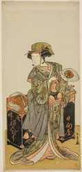 Skuespilleren Nakamura Tomijuro I som den kvindelige bønnekagehandler Hyugaya i stykket Chigo Torii Tobiiri Kitsune, opført på Ichimura Theatre i den ellevte måned, 1777