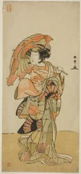Skuespilleren Nakamura Tomijuro I som hunræven fra Ubagadake-bjerget i skuespillet "Chigo Torii Tobiiri Kitsune", opført på Ichimura-teatret i den ellevte måned, 1777