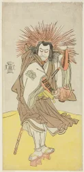 Skuespilleren Nakayama Kojuro VI som Osada no Taro Kagemune (i virkeligheden Hatcho Tsubute no Kiheiji), i skikkelse af en lygtemand fra Gion-helligdommen, i tredje akt fra første del af stykket Yukimotsu Take Furisode Genji (Sneklædt bambus: Genji i lange
