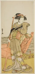 Skuespilleren Onoe Matsusuke I som Akoya i skuespillet Edo Meisho Midori Soga, opført på Morita Theatre i den anden måned, 1779