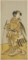 Skuespilleren Onoe Tamizo I som Kureha (?) i skuespillet Shusse Taiheiki (?), opført på Nakamura Theatre (?) i den ottende måned, 1775 (?)