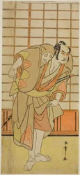 Skuespilleren Otani Hiroji III som Hata no Daizen Taketora forklædt som Shikishima Wakahei i stykket Juni-hitoe Komachi-zakura, opført på Kiri-teatret i den ellevte måned, 1784