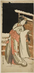 Skuespilleren Segawa Kikunojo III som Lady Shizuka (Shizkua Gozen) forklædt som Tamazusa i skuespillet Chigo Torii Tobiiri Kitsune, opført på Ichimura Theatre i den ellevte måned, 1777