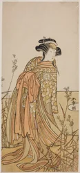 Skuespilleren Segawa Kikunojo III som Spirit of a Mandarin Duck (Oshidori) forklædt som Tagasode, i skuespillet Hana-zumo Genji Hiiki, opført på Nakamura Theatre i den ellevte måned, 1775