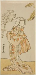 Skuespilleren Yoshizawa Sakinosuke III som Naniwazu i stykket Sugata no Hana Yuki no Kuronushi, opført på Ichimura-teatret i den ellevte måned 1776