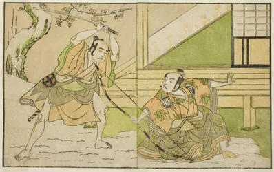 Skuespillerne Arashi Sangoro II som Hojo Tokiyori (til højre) og Otani Hiroji III som Koga Saburo (til venstre), i skuespillet Kono Hana Yotsugi no Hachi no Ki, opført på Ichimura Theatre i den ellevte måned, 1771
