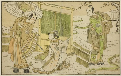 Skuespillerne Arashi Sangoro II som Minamoto no Yoritomo (til højre), Segawa Kikunojo II som Yuki Onna (i midten), og Ichimura Uzaemon IX som Kajiwara Genta no Kagetoki, i stykket Myoto-giku Izu no Kisewata, opført på Ichimura Theatre i ellevte måned,