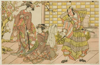 Skuespillerne Ichikawa Danjuro V som Miura Kunitae (til højre), Segawa Kikunojo III som Yasukata (i midten), og Iwai Hanshiro IV som Utou (til venstre), i skuespillet Godai Genji Mitsugi no Furisode, opført på Nakamura Theatre i den ellevte måned, 1782