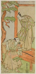 Skuespillerne Ichikawa Danjuro V som Momonoi Wakasanosuke (til højre) og Nakamura Nakazo I som Kakogawa Honzo (til venstre), i skuespillet Kanadehon Chushingura, opført på Nakamura Theatre i den femte måned, 1771