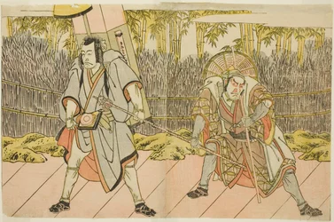Skuespillerne Ichikawa Danzo IV som Arakawa Taro Takesada forklædt som Palanquin-bæreren Tarobei (til højre), og Ichikawa Danjuro V som Abe no Sadato forklædt som pilgrimmen Kuriyagawa Jirodayu (til venstre), i skuespillet Godai Genji Mitsugi no Furisode, 