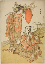Skuespillerne Ichikawa Monnosuke II og Segawa Kikunojo III som de elskende Seijuro (til højre) og Onatsu (til venstre), i Elopement-scenen "Michiyuki Hiyoku no Kiku-cho" (An Elopemet: Chrysanthemum-and-Butterfly Lovebirds), et dansemellemspil fra Anden del