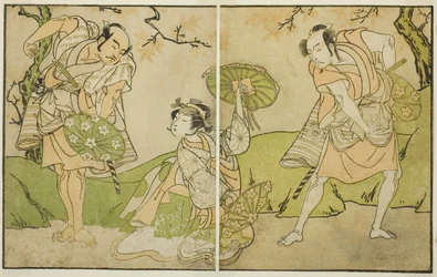 Skuespillerne Ichikawa Somegoro (til højre), Segawa Kikunojo II (i midten) og Bando Sampachi (til venstre), i uidentificerede roller i stykket Myoto-giku Izu no Kisewata, opført på Ichimura Theatre i den ellevte måned, 1770