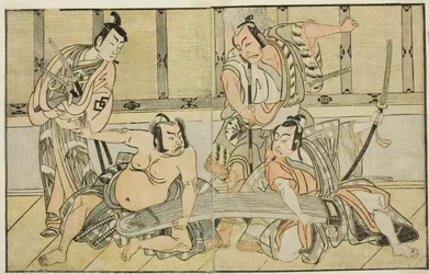 Skuespillerne Ichikawa Yaozo II som Kujaku no Saburo, Matsumoto Koshiro II som Hata no Daizen Taketora, Nakajima Mihoemon II som Aramaki Mimishiro og Nakamura Shocho I som Ki no Tsurayuki (højre mod venstre), i Play Kuni no Hana Ono no Itsumoji, Opført kl