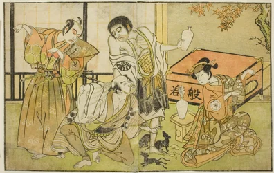Skuespillerne Iwai Hanshiro IV som Otatsu-gitsune, Nakamura Nakazo I som Raigo Ajari, Sakata Tojuro III som Kamada Gon-no-kami Masayori og Ichikawa Yaozo II som Sakon-gitsune (højre mod venstre) i stykket "Nue no Mori" Ichiyo no Mato," optrådte på Nakamura