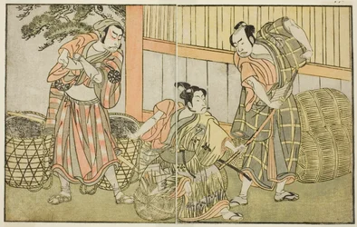 Skuespillerne Kasaya Matakuro II som Hagun Taro (til højre), Ichikawa Monnosuke II som Izutsu no Suke Narihira (i midten) og Nakamura Nakazo I som Kose no Kanaoka Forklædt som Trækulsmageren Sogoro, i stykket Kuni no Hana Ono no Itsumoji, opført ved Naka