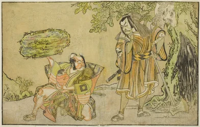 Skuespillerne Matsumoto Koshiro II som Osada no Taro Kagemune forklædt som skovhuggeren Gankutsu no Gorozo (til højre), og Ichikawa Danzo III som I no Hayata Tadazumi (til venstre), i skuespillet Nue no Mori Ichiyo no Mato, opført på Nakamura Theatre i de 