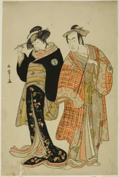 Skuespillerne Matsumoto Koshiro IV og Segawa Kikunojo III som Lovers Choemon (højre) og Ohan (venstre), i Elopement-scenen "Michiyuki Segawa no Adanami" (An Elopement: Treacherous Waves in the Shallow River), et dansemellemspil fra anden del af Skuespillet