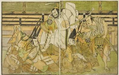 Skuespillerne Nakamura Denkuro II som Seno-o Taro, Ichikawa Komazo II som Yorimasa, Nakamura Nakazo I som Taira no Kiyomori og Ichikawa Danjuro V som Kiou Takiguchi (højre mod venstre), i Play Nue no Mori Ichiyo no Mato, opført kl. Nakamura Teatret i th