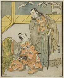 Skuespillerne Nakamura Denkuro II som Suma no Dairyo (til højre) og Ichikawa Komazo II som Ariwara no Yukihira (venstre), i skuespillet Kuni no Hana Ono no Itsumoji, opført på Nakamura Theatre i den ellevte måned, 1771