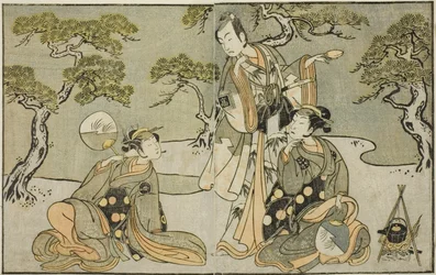 Skuespillerne Nakamura Nakazo I som Matsukaze (til højre), Ichikawa Komazo II som Ariwara no Yukihira (i midten) og Iwai Hanshiro IV som Murasame (til venstre), i skuespillet Kuni no Hana Ono no Itsumoji, opført på Nakamura Theatre i det ellevte Måned, 177