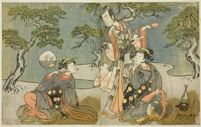 Skuespillerne Nakamura Nakazo I som Matsukaze (til højre), Ichikawa Komazo II som Ariwara no Yukihira (i midten) og Iwai Hanshiro IV som Murasame (til venstre), i skuespillet Kuni no Hana Ono no Itsumoji, opført på Nakamura Theatre i det ellevte Måned, 177