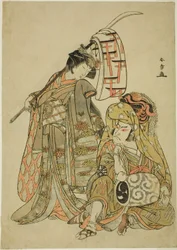 Skuespillerne Nakamura Nakazo I som Onmaya Kisanda klædt ud som løvedanseren Kakubei (Kakubei-jishi) (til højre) og Segawa Kikunojo III som Shizuka Gozen (til venstre), i dansesekvensen "Myoto-zake Kawaranu Nakanaka" (Everlasting Harmony of the Marital) ) 