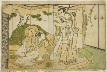 Skuespillerne Nakamura Nakazo I som Taira no Kiyomori (til højre) og Yamashita Kinsaku II som Tokiwa Gozen (til venstre), i Play Nue no Mori Ichiyo no Mato, opført på Nakamura Theatre i den ellevte måned, 1770