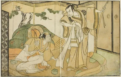 Skuespillerne Nakamura Nakazo I som Taira no Kiyomori (til højre) og Yamashita Kinsaku II som Tokiwa Gozen (til venstre), i Play Nue no Mori Ichiyo no Mato, opført på Nakamura Theatre i den ellevte måned, 1770