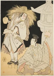 Skuespillerne Nakayama Kojuro VI som Osada Taro Kagemune (i virkeligheden Hatcho Tsubute no Kiheiji) i skikkelse af en lampelyser fra Gion-helligdommen (til venstre), og Sawamura Sojuro III som Komatsu no Shigemori (til højre), i tredje akt fra første del 