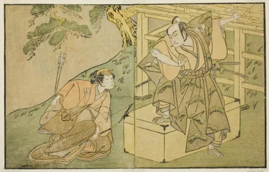 Skuespillerne Onoe Matsusuke I som Akaboshi Taro (til højre) og Azuma Tozo II som Shirotae (venstre), i skuespillet Kono Hana Yotsugi no Hachi no Ki, opført på Ichimura Theatre i den ellevte måned, 1771