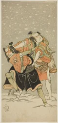 Skuespillerne Otani Hiroji III som Kameo (til højre) og Sakata Sajuro I som Ario (til venstre), i stykket Hime Komatsu Ne no Hi Asobi, opført på Ichimura Theatre i den niende måned, 1768
