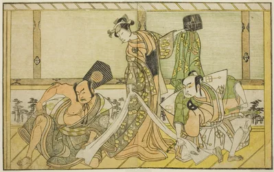 Skuespillerne Otani Hiroji III som Kawazu no Saburo (til højre), Segawa Kikunojo II som prinsesse Tatsu (Tatsu Hime) (i midten), og Nakamura Sukegoro II som Matano no Goro (til venstre), i stykket Myoto-giku Izu no Kisewata, opført på Ichimura-teatret i de