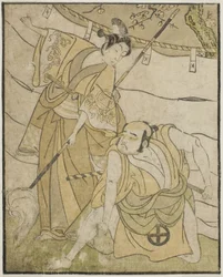 Skuespillerne Otani Tomoemon I som Emohei (til højre) og Sanogawa Ichimatsu II som Sanada Yoichi (til venstre), i skuespillet Myoto-giku Izu no Kisewata, opført på Ichimura Theatre i den ellevte måned, 1770
