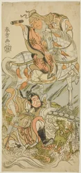 Skuespillerne Sawamura Sojuro II som den kinesiske vismand Huangshi Gong (til hest) og Ichikawa Danzo III som den kinesiske kriger Zhang Liang (monteret på en drage), i finalen i skuespillet Otokoyama Yunzei Kurabe (ved Mt. Otoko, en prøvelse) af Styrke i 