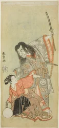 Skuespillerne Sawamura Sojuro II som præsten Shunkan og Azuma Tozo II som Oyasu i stykket "Hime Komatsu Ne no Hi Asobi (Udtur for at plukke fyrreplanter på rottedagen i det nye år)"