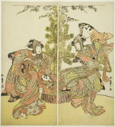 Skuespillerne Segawa Kikunojo III som Yasukata (til højre) og Iwai Hanshiro IV som Utou (til venstre) i skuespillet Godai Genji Mitsugi no Furisode, opført på Nakamura Theatre i den ellevte måned, 1782