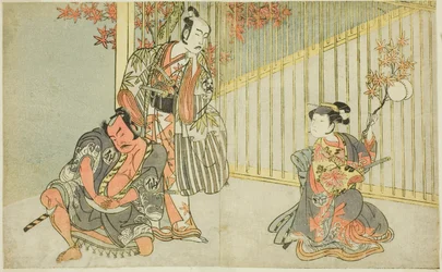Skuespillerne Yamashita Kinsaku II som Mutsuhana (til højre), Bando Mitsugoro I som Kashiwagi no Emon (i midten) og Nakamura Sukegoro II som Akamatsu Mushanosuke (til venstre), i stykket Fuki Kaete Tsukimo Yoshiwara (Rethatched Roof: The Moon also Shines O