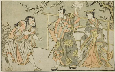 Skuespillerne Yamashita Yaozo I som Ono no Komachi (til højre), Matsumoto Koshiro II som Godai Saburo (i midten), og Ichikawa Danzo III som Otomo no Kuronushi (til venstre), i stykket "Kuni no Hana Ono no Itsumoji", opført på Nakamura Teater i den ellevte 